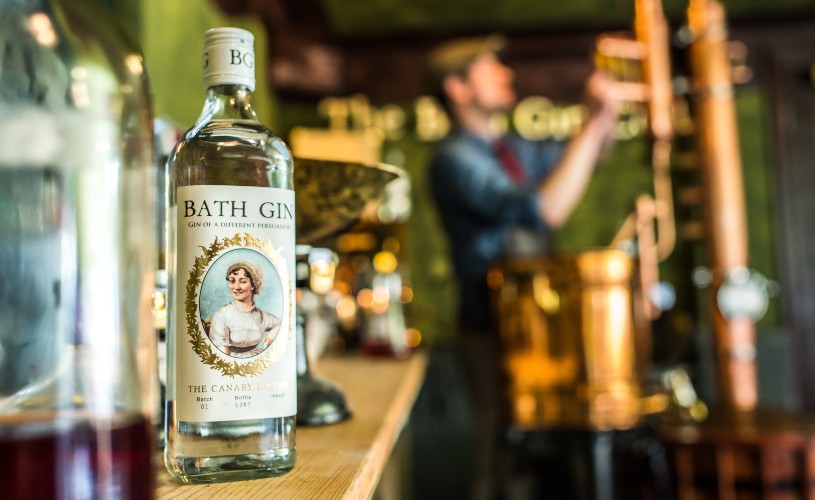 Bottle of Bath Gin behind the bar at Canary Gin Bar